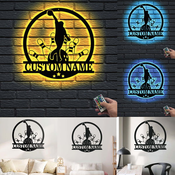 Custom Name Bowling Metal Sign With Led Lights, Bowling Pins Metal Sports Sign, Personalized Bowling Player Metal Art, Metal Bowling Alley Sign