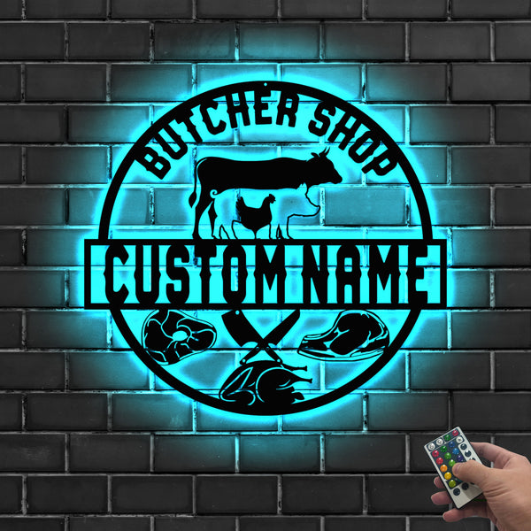 Custom Cow Pig Chicken Butcher Shop Metal Sign Led Lights, Personalized Meat Shop Metal Name Sign, Bbq Steak Pork Butcher Chop Metal Wall Sign