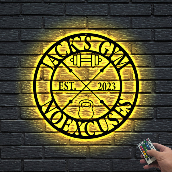 Custom Weightlifting Home Gym Metal Sign With Led Lights, Personalized Gym Monogram Metal Name Signs, Powerlifting Gym Fitness Metal Wall Art