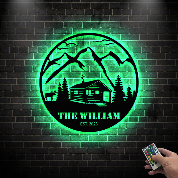 Personalized Mountain Cabin Metal Name Sign Led Lights, Custom Family Name Cabin Lodge House Metal Sign, Outdoor Hunting Metal Wall Hanging Sign