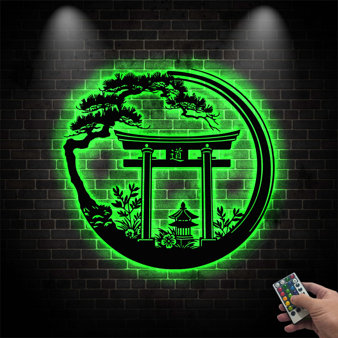 Enso Circle With Torii Gate Metal Sign With Led Lights, Japanese Inspirational Metal Wall Art, Bonsai Tree Shinto Shrine Metal Sign Art Decor