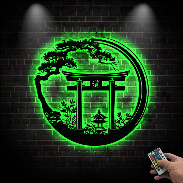 Enso Circle With Torii Gate Metal Sign With Led Lights, Japanese Inspirational Metal Wall Art, Bonsai Tree Shinto Shrine Metal Sign Art Decor
