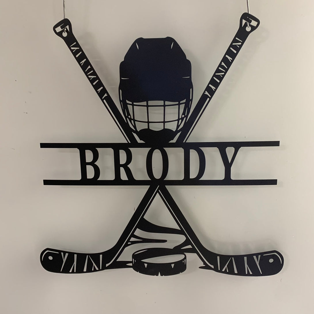 Custom Hockey Stick & Helmet Metal Wall Art, Personalized Ice Hockey Player Name Metal Sign, Hockey Sport Metal Wall Sign Decor