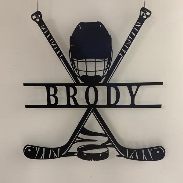 Custom Hockey Stick & Helmet Metal Wall Art, Personalized Ice Hockey Player Name Metal Sign, Hockey Sport Metal Wall Sign Decor
