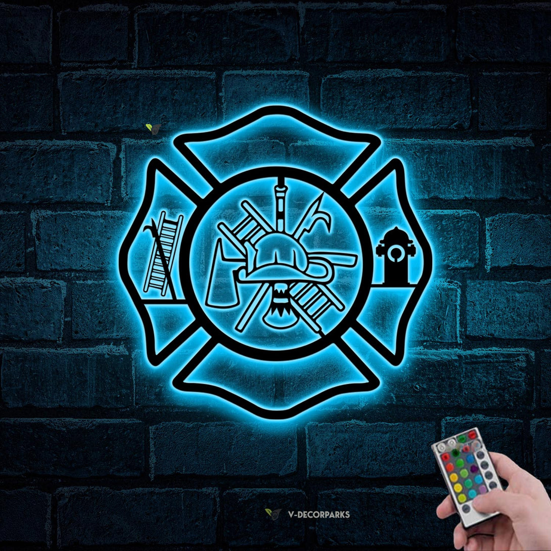 Custom Firefighter Maltese Cross Metal Wall Art Led Lights, Personalized Fireman Metal Name Sign, Fire Department Metal Wall Hanging Decor