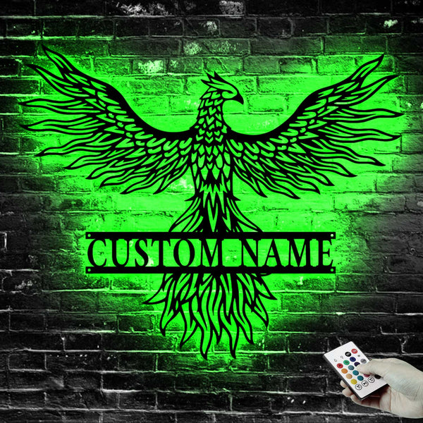 Custom Name Rising Phoenix Metal Wall Art With Led Lights, Personalized Rising Phoenix Metal Sign Home Decor, Phoenix Metal Wall Hanging Sign