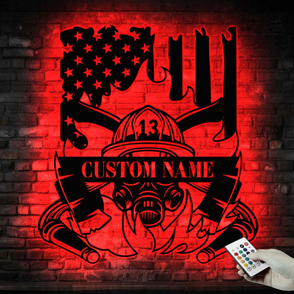 Custom Name Us Flag Firefighter Metal Wall Art Led Lights, Personalized Fireman Helmet & Axe Metal Sign, Fire Department Metal Sign Home Decor