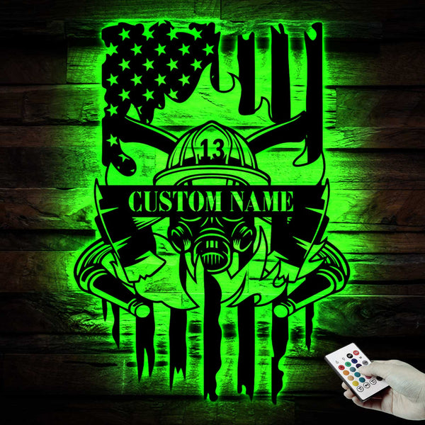 Personalized Us Flag Firefighter Monogram Metal Sign Led Lights, Custom Name Us Fireman Metal Wall Art, Fire Department Metal Wall Hanging Decor