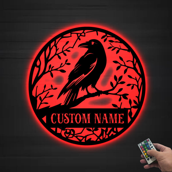 Custom Black Crow Metal Sign With Led Lights, Personalized Black Raven Metal Name Sign, Metal Raven On Branch Metal Sign Art Wall Hanging Decor