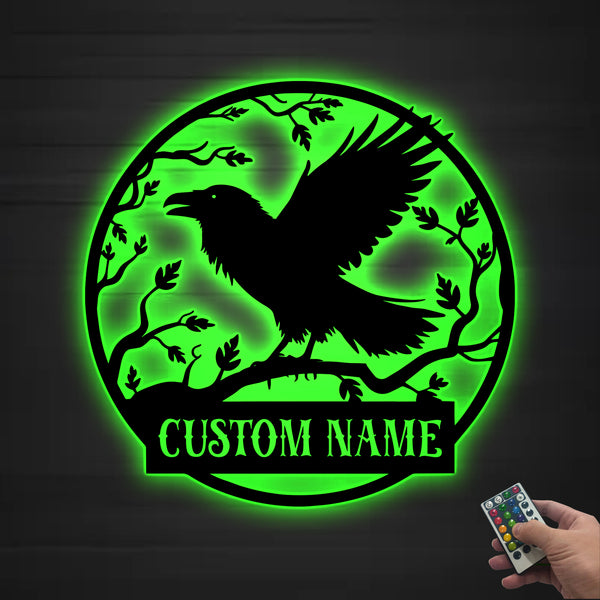 Personalized Black Crow Metal Sign With Led Lights, Custom Name Black Raven Metal Sign, Black Raven On Branch Metal Sign Art Wall Hanging Decor