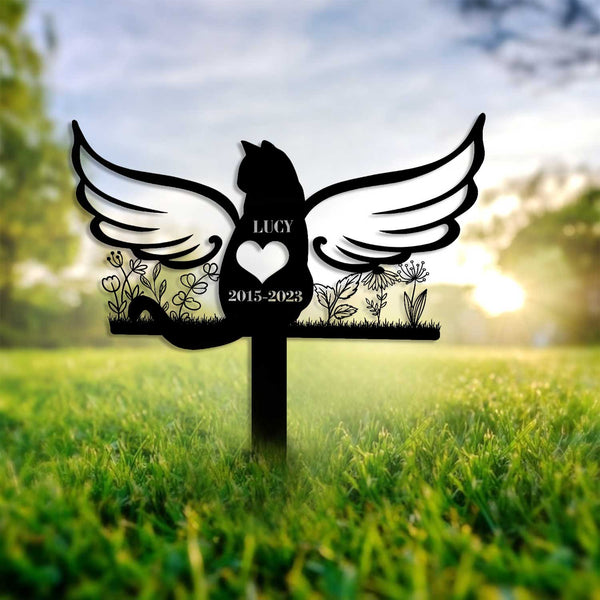 Custom Flowers Cat With Angel Wings Metal Garden Stake, Personalized Cat Memorial Metal Stake, Pet Metal Grave Markers, Cat Remembrance Stake
