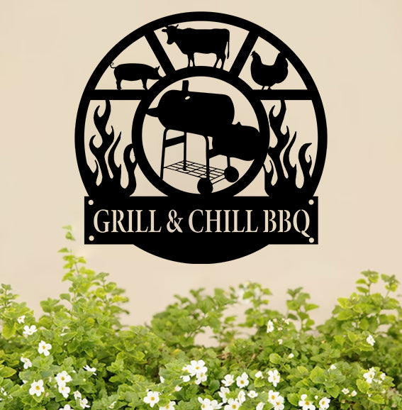 Personalized Smokehouse Grill & Bbq Metal Sign, Custom Name Metal Grilling Sign, Grill Bbq Metal Wall Hanging Backyard Outdoor Decor