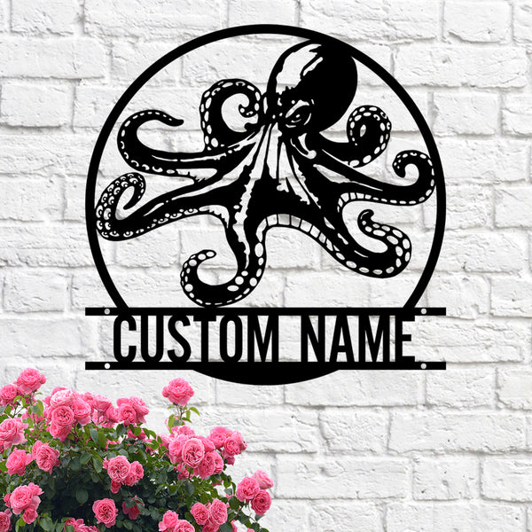 Personalized Name Octopus Metal Wall Art, Custom Octopus Beach House Metal Decor, Octopus Nautical Animals Metal Wall Decor
