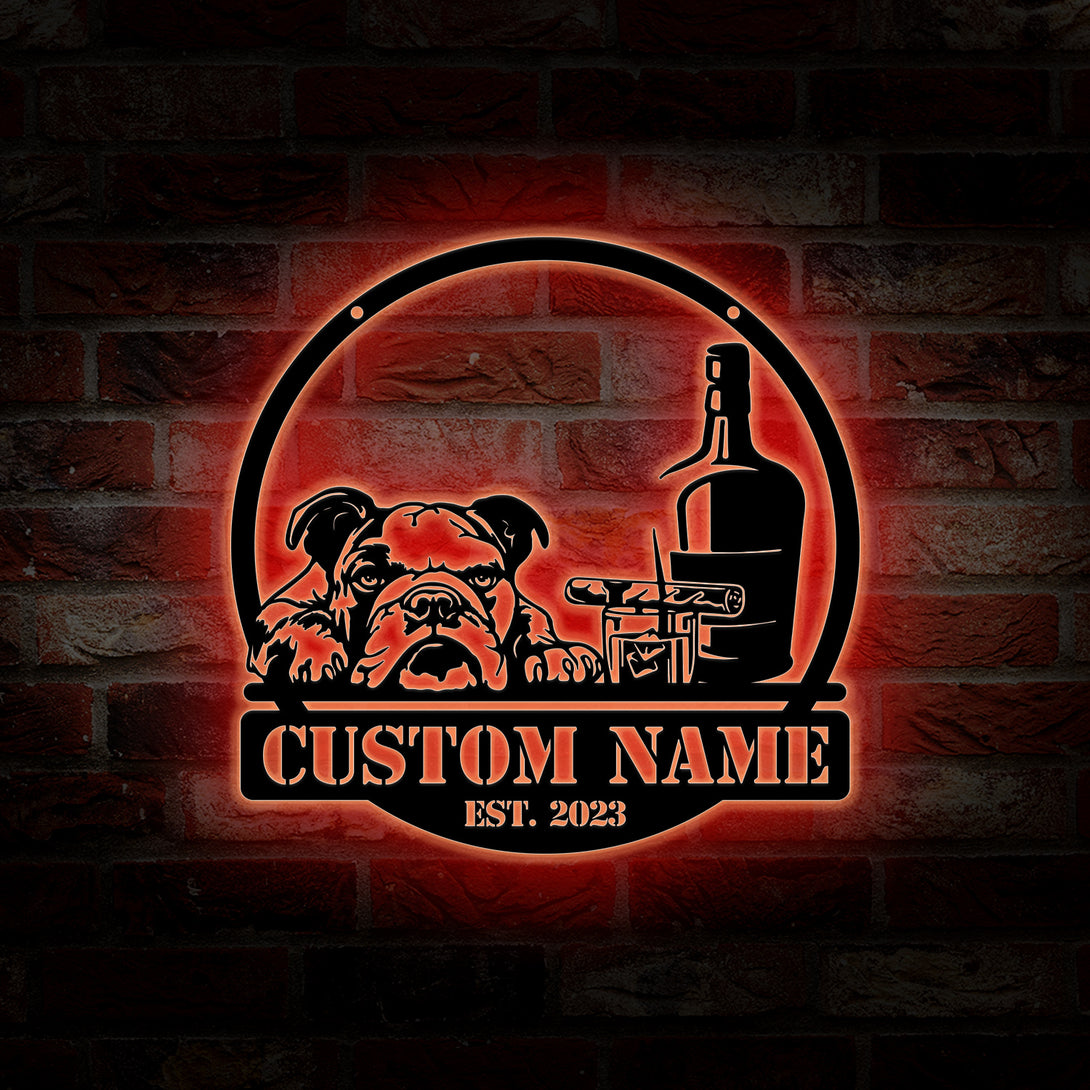 Custom Bourbon Cigar And Bulldog Metal Wall Art Led Lights, Personalized Name Alcohol Smoke Metal Sign, Home Bar Pub Smoking Metal Man Cave Sign