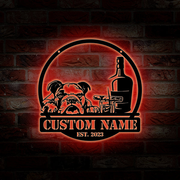 Custom Bourbon Cigar And Bulldog Metal Wall Art Led Lights, Personalized Name Alcohol Smoke Metal Sign, Home Bar Pub Smoking Metal Man Cave Sign