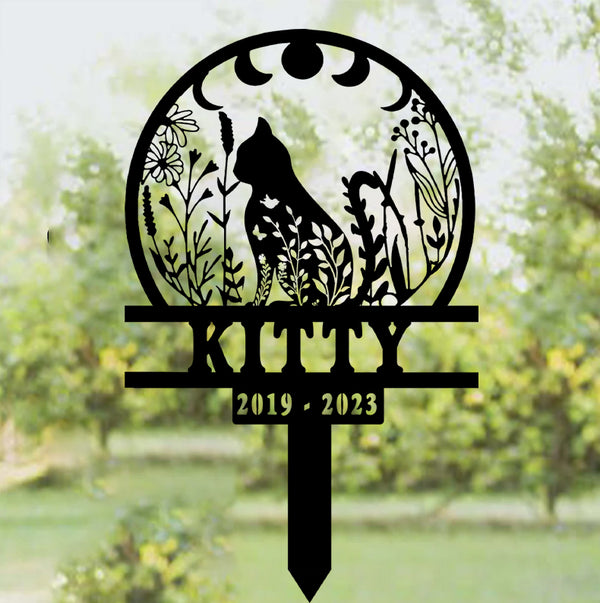 Custom Floral Cat Memorial Metal Garden Stake, Personalized Cat Metal Grave Marker Stake, Cat Memorial Metal Garden Sign, Metal Remembrance Stake