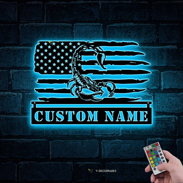 Custom Us Flag Scorpion Metal Wall Art Led Lights, Personalized Scorpion Metal Name Sign Home Decor, American Flag Scorpion Metal Led Sign