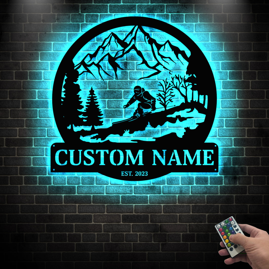 Custom Skiing Metal Sign Art Led Lights, Personalized Mountain Skiing Metal Sign, Skiing Winter Sport Metal Wall Art, Skiier Metal Name Sign