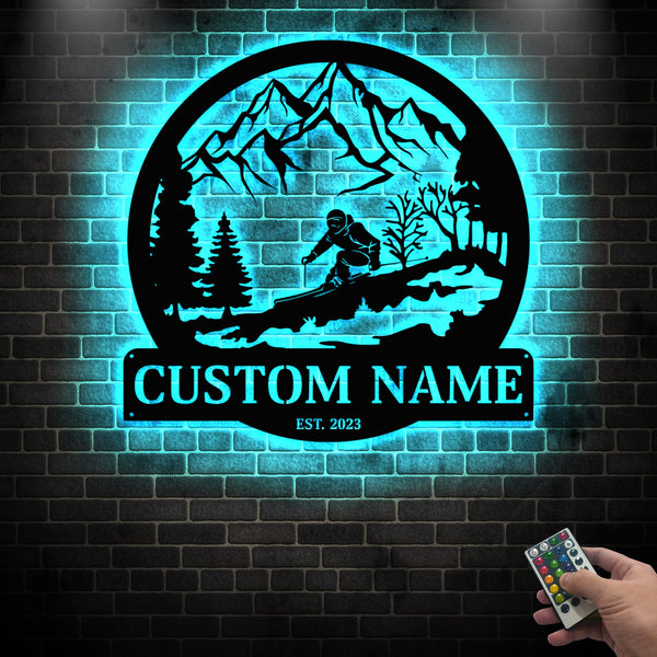 Custom Skiing Metal Sign Art Led Lights, Personalized Mountain Skiing Metal Sign, Skiing Winter Sport Metal Wall Art, Skiier Metal Name Sign