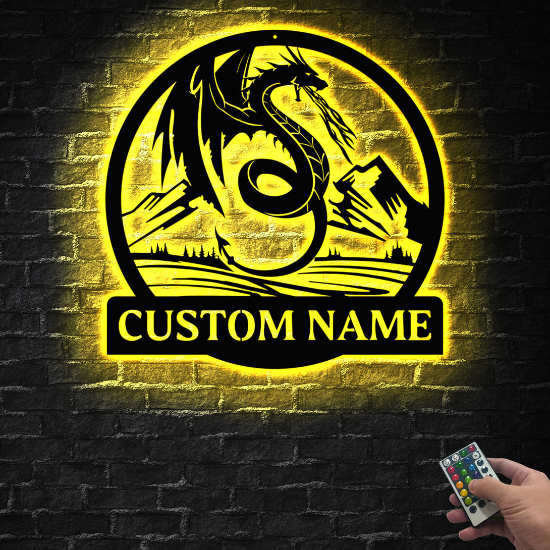 Personalized Dragon Metal Wall Art With Led Lights, Custom Mythical Dragon Metal Name Sign, Mythology Dragon Metal Wall Hanging Home Decor
