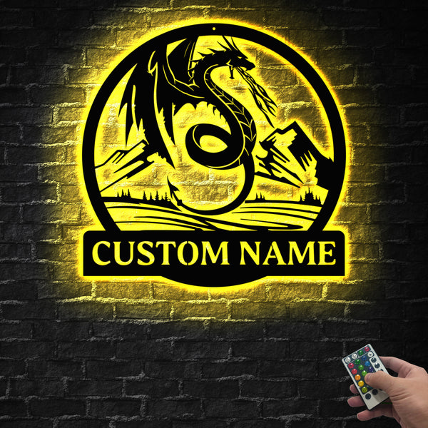 Personalized Dragon Metal Wall Art With Led Lights, Custom Mythical Dragon Metal Name Sign, Mythology Dragon Metal Wall Hanging Home Decor