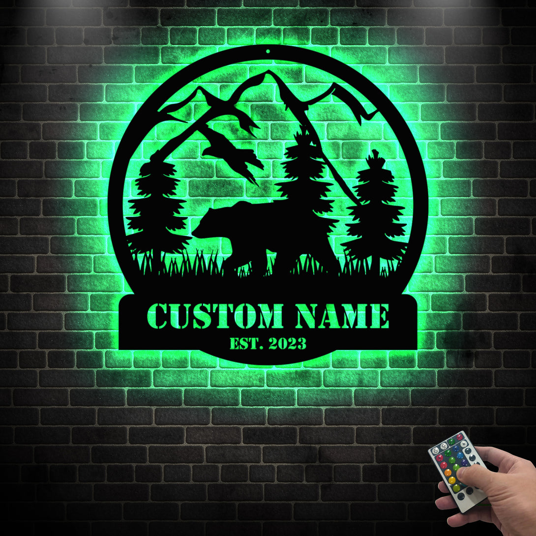 Custom Mountain Bear Metal Wall Art With Led Lights, Personalized Family Name Bear Metal Sign, Metal Grizzly Bear Cabin Sign Home Decor