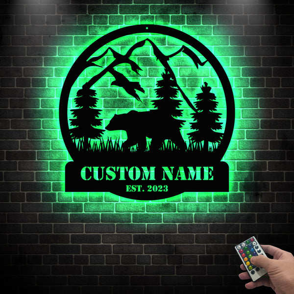 Custom Mountain Bear Metal Wall Art With Led Lights, Personalized Family Name Bear Metal Sign, Metal Grizzly Bear Cabin Sign Home Decor