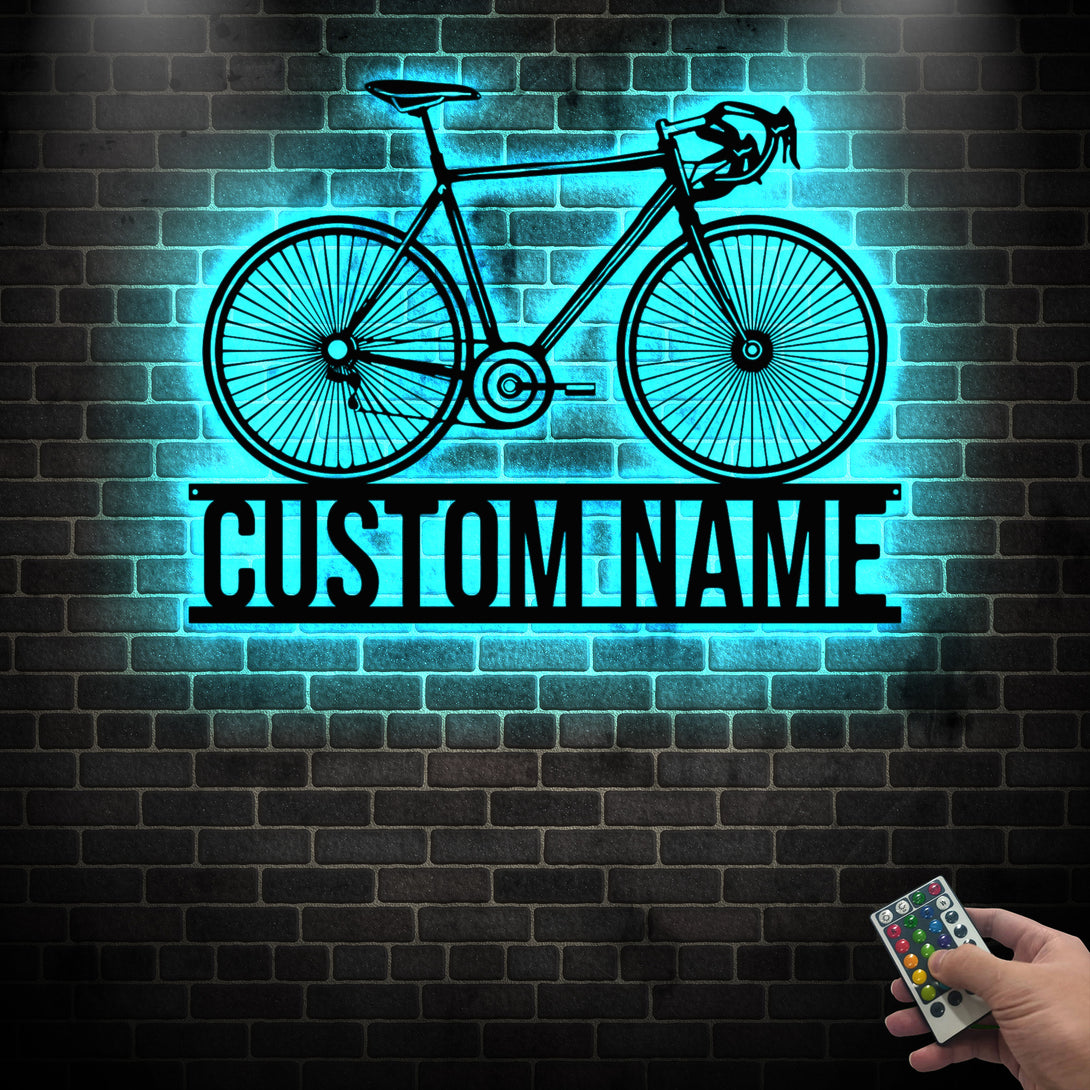 Custom Bicycle Sport Metal Wall Art With Led Lights, Personalized Racing Bike Monogram Metal Name Sign, Bicycle Sport Metal Wall Led Sign