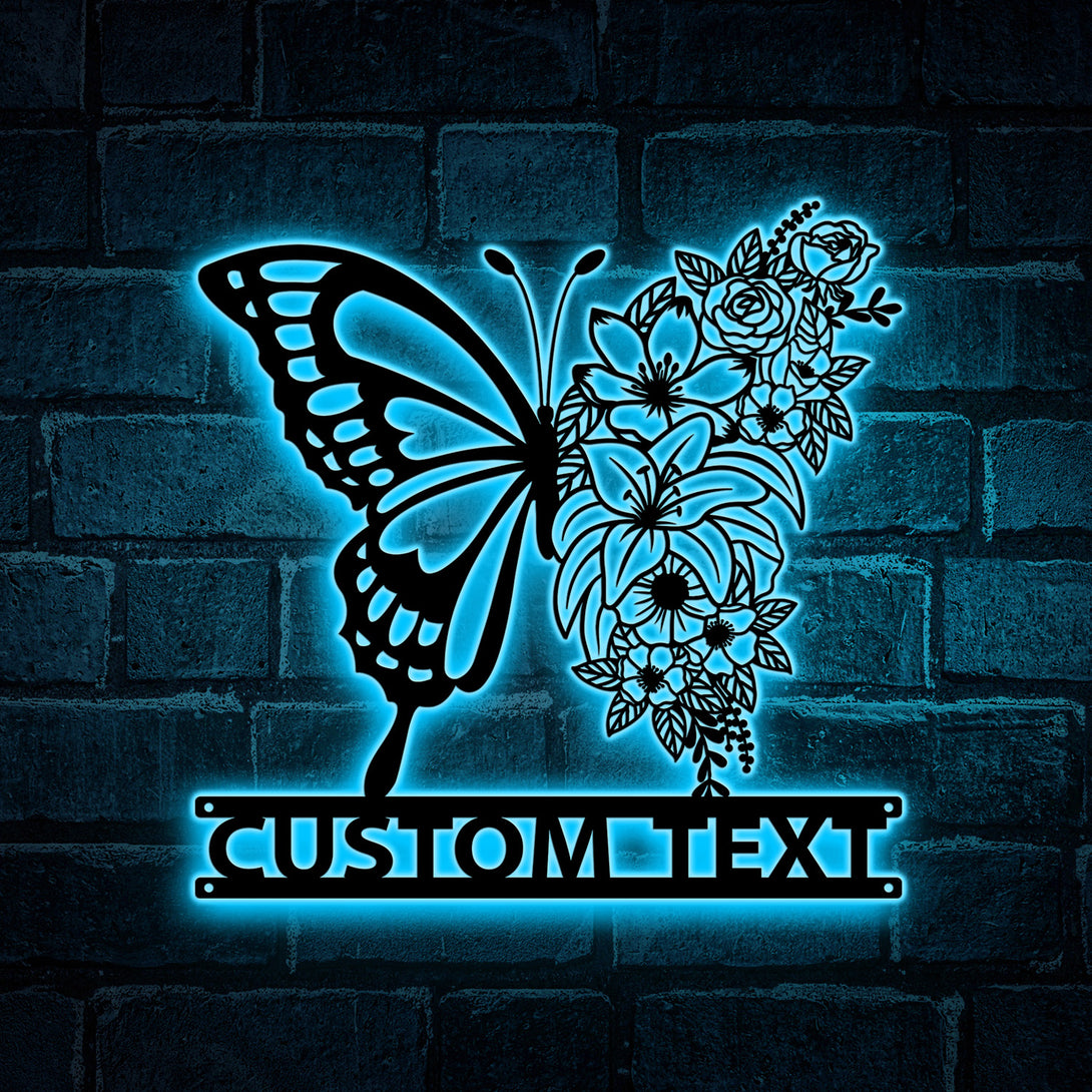 Custom Floral Butterfly Metal Wall Art Led Lights, Butterfly Metal Garden Decor, Personalized Butterfly Mom's Garden Metal Name Sign