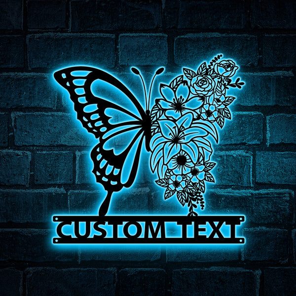Custom Floral Butterfly Metal Wall Art Led Lights, Butterfly Metal Garden Decor, Personalized Butterfly Mom's Garden Metal Name Sign