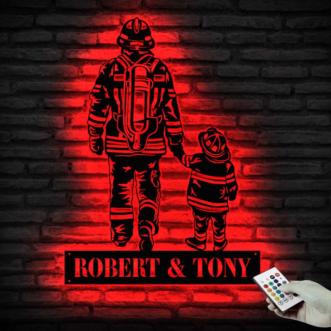 Custom Father And Son Firefighter Metal Sign Led Lights, Personalized Dad & Son Fireman Metal Name Sign, Fire Department Metal Wall Art Decor