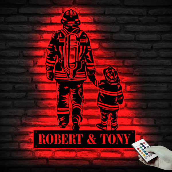 Custom Father And Son Firefighter Metal Sign Led Lights, Personalized Dad & Son Fireman Metal Name Sign, Fire Department Metal Wall Art Decor