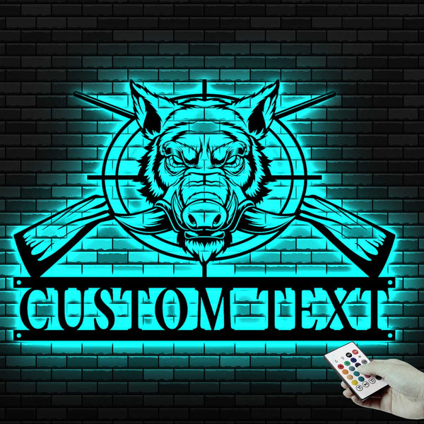 Custom Boar Head Cross Rifle Metal Sign Led Lights, Personalized Hunter Metal Name Sign, Wild Boar Hunting Metal Wall Art, Boar Hunting Cabin Sign