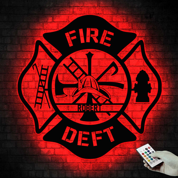 Custom Fire Dept Maltese Cross Metal Sign With Led Lights, Personalized Name Firefighter Fire Rescue Metal Sign, Fire Department Metal Wall Art