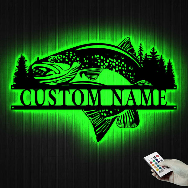 Cutom Name Trout Fish Metal Wall Art Led Lights, Personalized Fisherman Metal Name Sign, Trout Fishing Metal Art, Metal Fishing Outdoor Cabin Sign