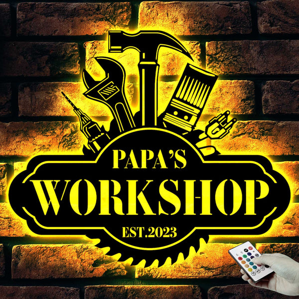 Personalized Papa's Workshop Metal Sign With Led Lights, Custom Handyman Repair Tools Metal Wall Art, Garage Woodshop Metal Wall Hanging Decor