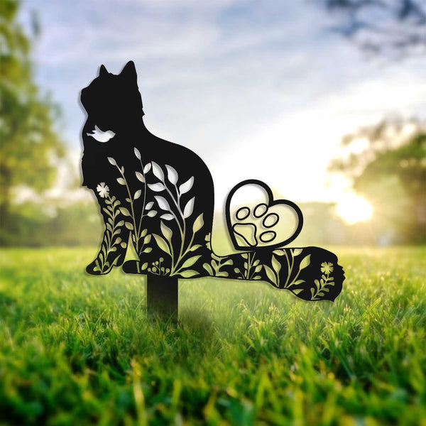 Personalized Floral Fluffy Cat Memorial Stake, Cat Memorial Metal Garden Stake, Floral Cat Grave Marker Metal Sign, Pet Loss Remembrance Stake