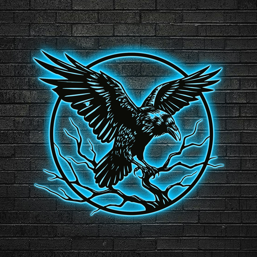 Black Crow On Branch Metal Sign With Led Lights, Black Raven Metal Wall Art, Raven Birdwatch Metal Sign Art Home Decor, Raven Bird Metal Sign