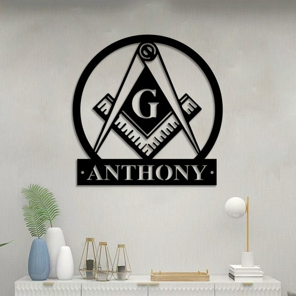 Custom Masonic Square And Compass Metal Wall Art, Personalized Masonic Freemason Metal Name Sign, Masonic Symbol Metal Sign Home Decor
