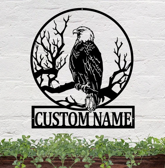 Custom Bald Eagle On Branch Metal Wall Art, Personalized Bald Eagle Metal Name Sign, Bald Eagle Metal Wall Hanging Home Decor, Eagle Lover Gift