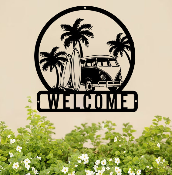 Custom Palm Tree Beach Surf Van Happy Camper Metal Sign, Personalized Name Hippie Bus Van Metal Sign, Tropical Beach Camping Car Metal Wall Art