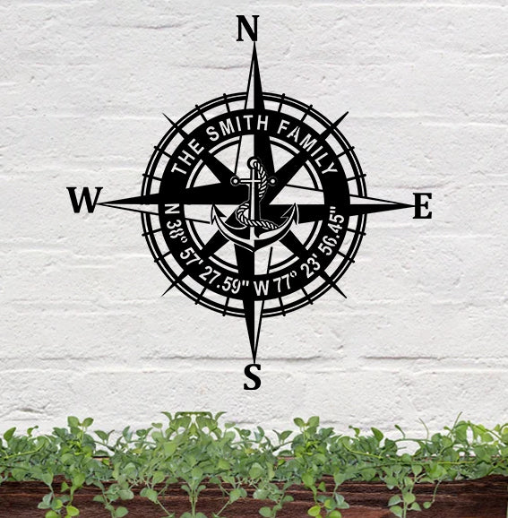 Custom Gps Anchor Compass Metal Wall Art, Personalized Coordinates Metal Sign, Nautical Compass Metal Wall Art, Coordinates Metal Beach House Decor