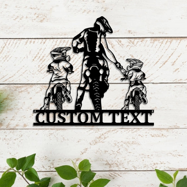 Custom Father & Sons Motocross Biker Metal Wall Art, Personalized Dad & Son Dirt Bike Name Sign Mancave Decor, Motorcycle Garage Metal Sign