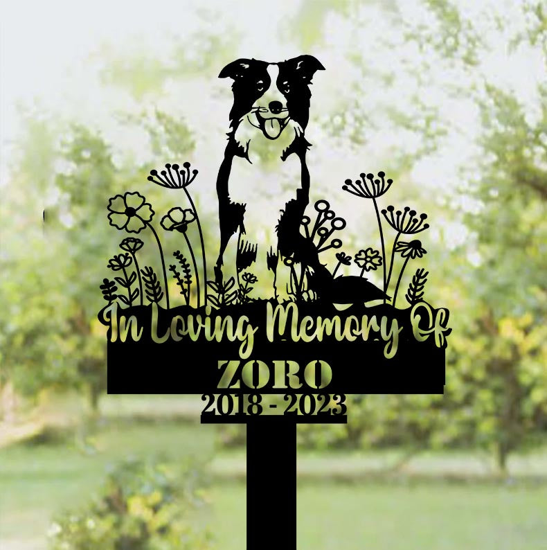 Custom Flowers Border Collie Dog Memorial Metal Stake, Border Collie Memorial Garden Sign, Dog Loss Metal Grave Marker, Dog Remembrance Stakes