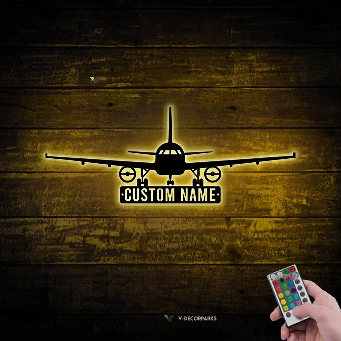 Custom Name Airplane Metal Wall Art Led Lights, Personalized Pilot Metal Name Sign, Airplane Metal Decor, Aircraft Hangar Metal Wall Hanging Sign