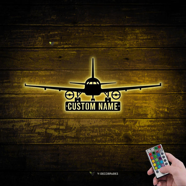Custom Name Airplane Metal Wall Art Led Lights, Personalized Pilot Metal Name Sign, Airplane Metal Decor, Aircraft Hangar Metal Wall Hanging Sign