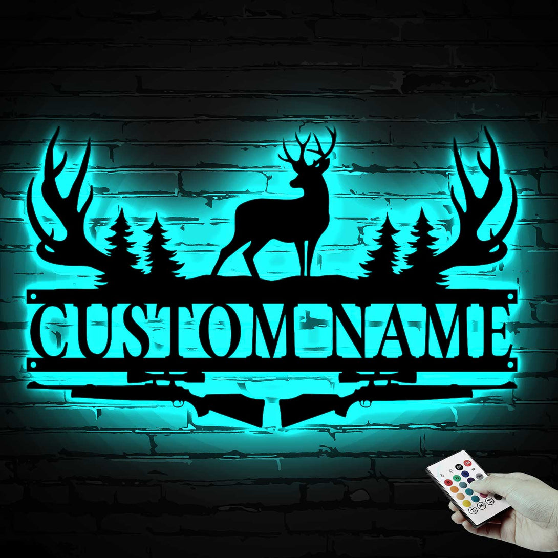 Custom Antler Deer Hunting Monogram Metal Sign Led Lights, Personalized Name Hunter Metal Deer Cabin Sign, Deer Hunting Lodge Man Cave Metal Sign