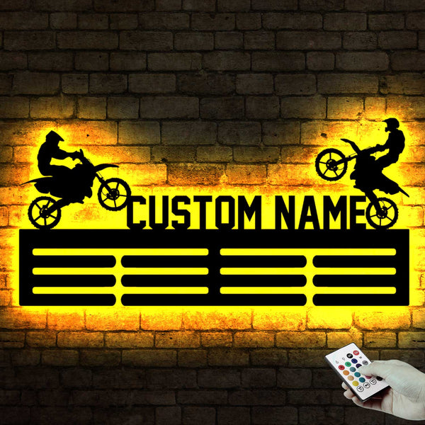 Custom Name Dirt Bike Racing Medal Hanger Sign Led Lights, Motocross Display Rack For Awards And Ribbons, Custom Motorcycle Racing Medal Holder
