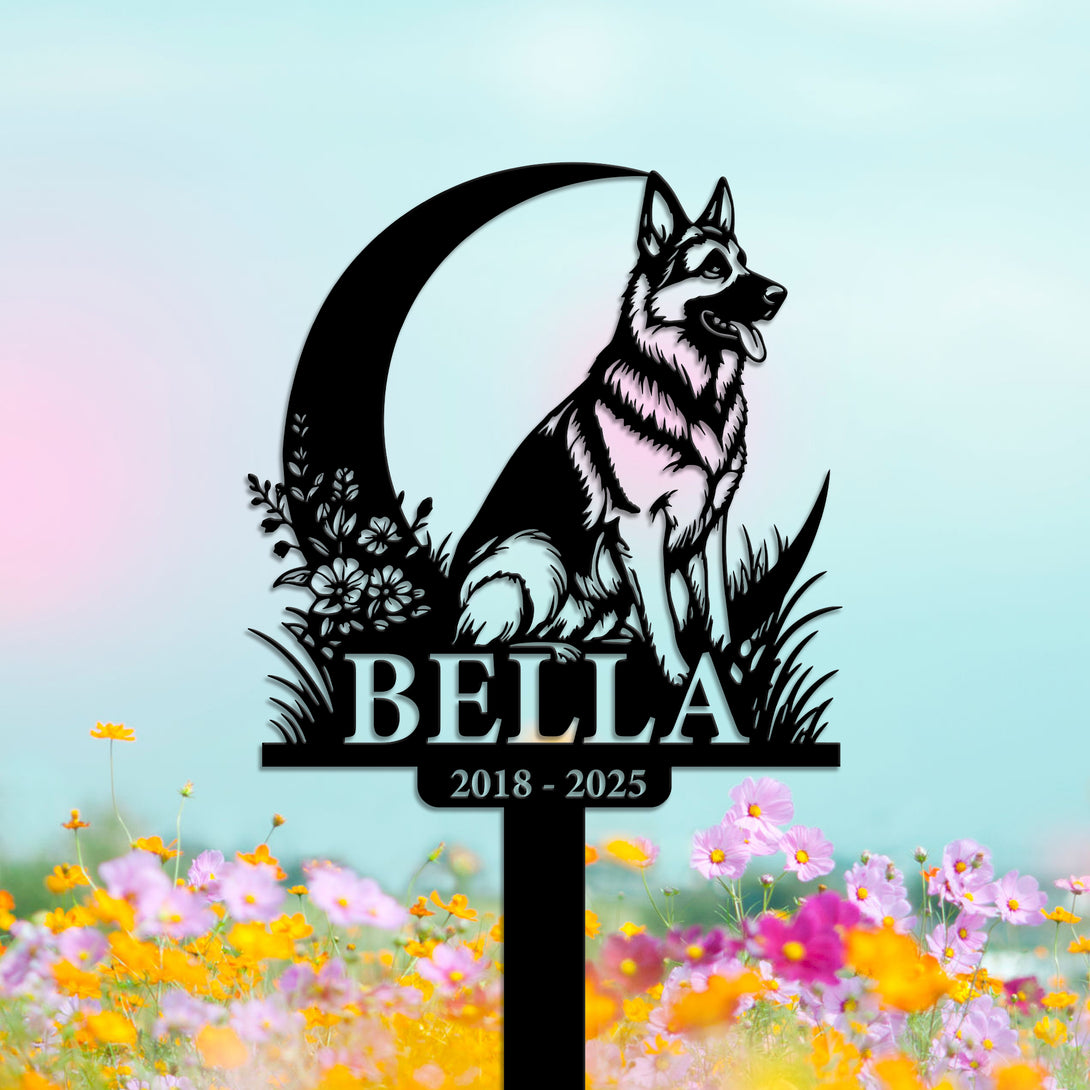 Personalized German Shepherd Memorial Stakes, Shepherd Dog Crescent Moon Metal Garden Stake, Pet Grave Markers, Pet Loss Sympathy Metal Sign