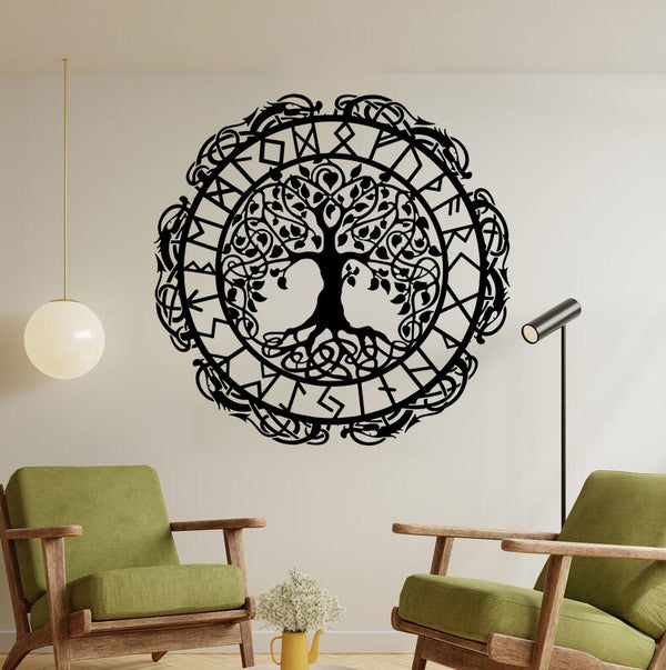 Yggdrasil Vegvisir Tree Of Life Metal Wall Art, Viking Runes Yggdrasil Tree Of Life Metal Sign, Metal Viking Runes Tree Of Life Wall Hanging Decor